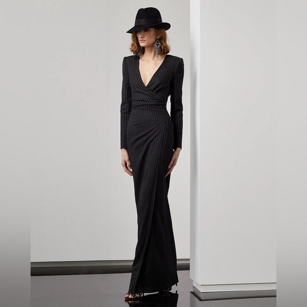 RALPH LAUREN Collection Alvita Purple Label Pinstripe Maxi Evening Dress